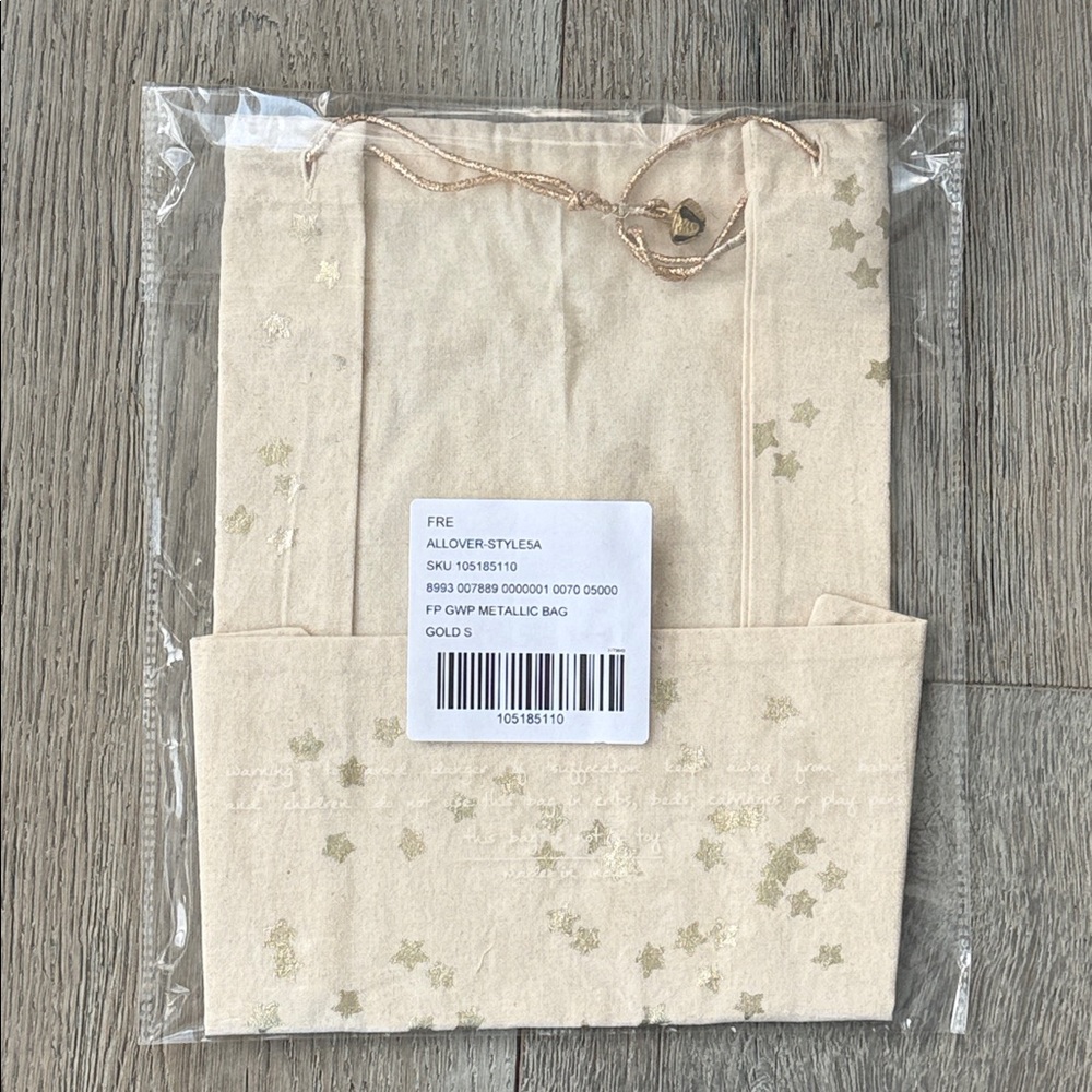 Free People Metallic Gold Stars, Drawstrings, & Bells Linen Satchel Bag 12”x16” - Picture 2 of 6